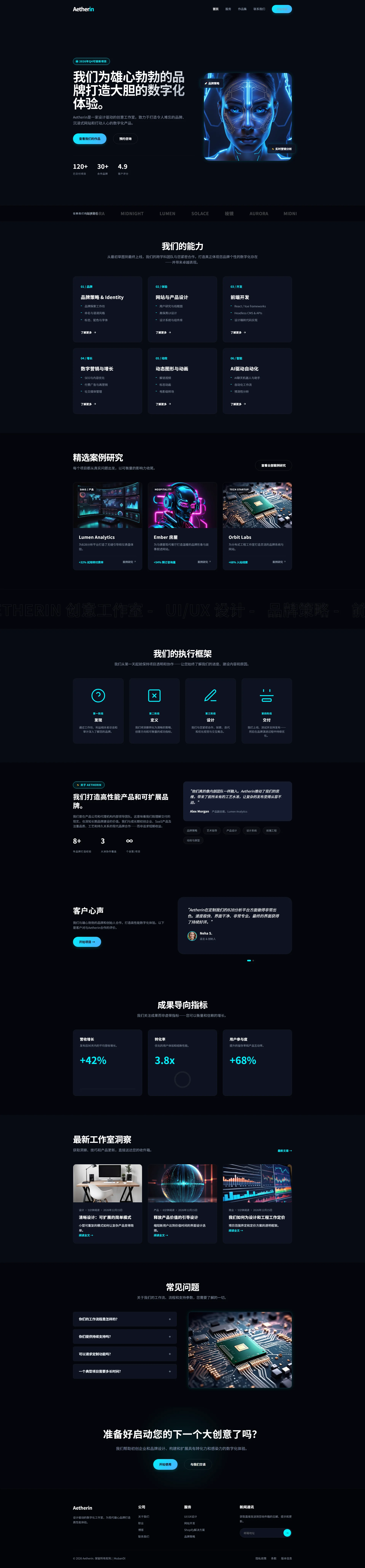 Aetherin数字创意设计与品牌营销HTML响应式模板 全屏长截图