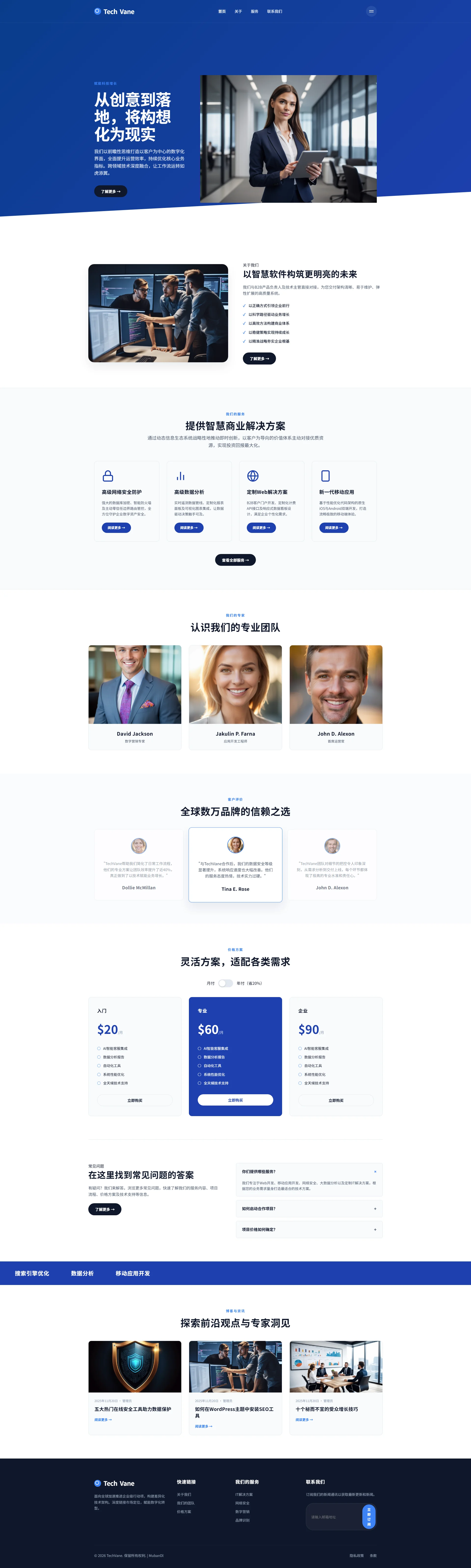 科技公司网站模板免费下载 | TechVane数字化方案与网络安全响应式网页源码 全屏长截图